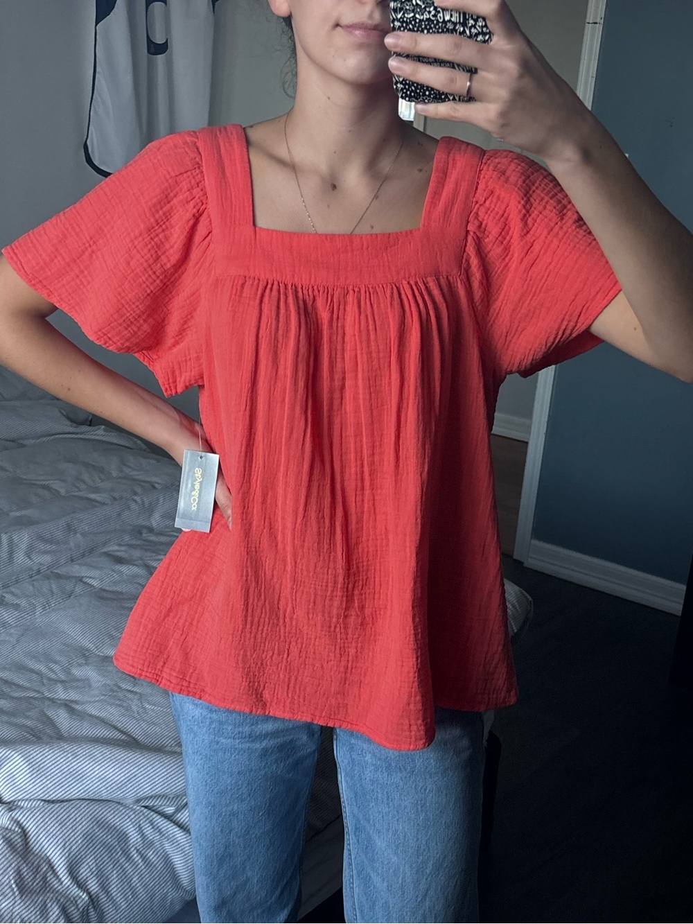 Style & Co. Coral-Red Square Neck Short Sleeve Tunic